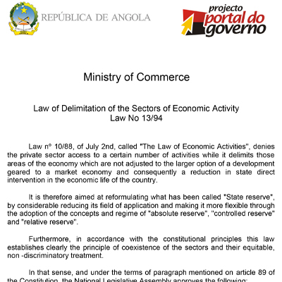 Law of Delimitation of the Sectors of Economic Activity in Angola